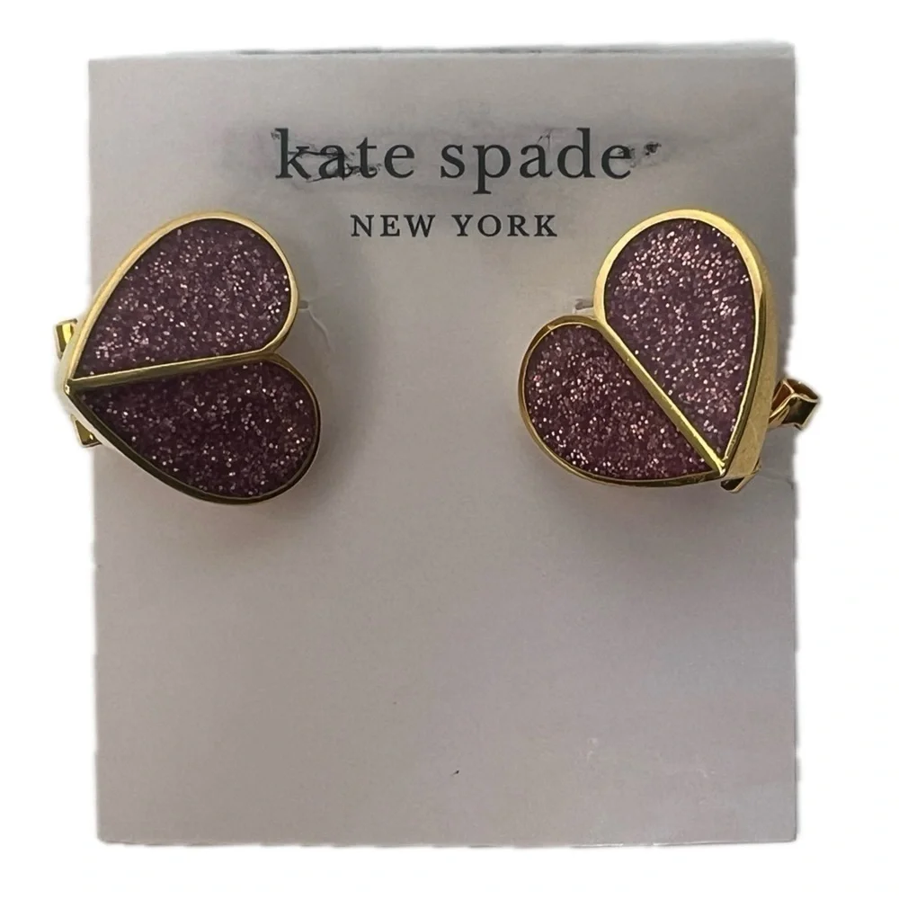 Kate Spade Glitter Pink Heart Clip Safety Pierced Valentine’s Day Earrings